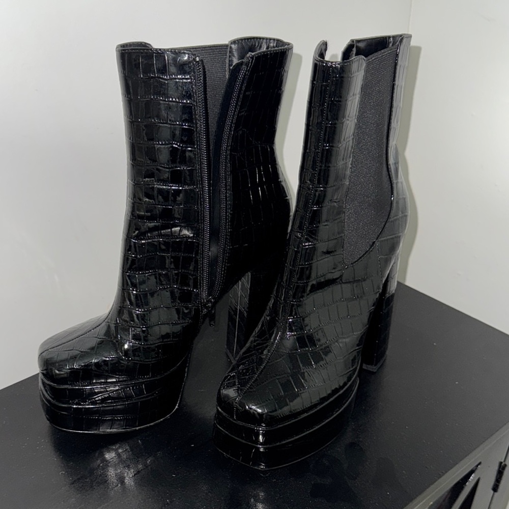 Donated! 3 for $20 Glossy Black Heeled Boots with Croc-Embossed Pattern